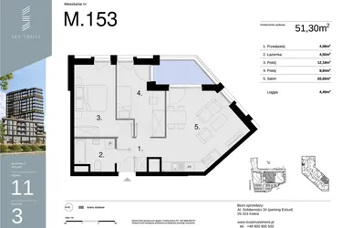 Rzut - Mieszkanie na sprzedaż 3 pokoje o powierzchni 51,3 m² - numer M153 w Sky Trust etap II