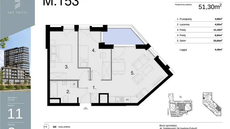 Rzut - Mieszkanie na sprzedaż 3 pokoje o powierzchni 51,3 m² - numer M153 w Sky Trust etap II
