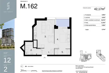 Rzut - Mieszkanie na sprzedaż 2 pokoje o powierzchni 42,17 m² - numer M162 w Sky Trust etap II