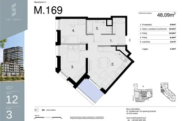 Rzut - Mieszkanie na sprzedaż 3 pokoje o powierzchni 48,09 m² - numer M169 w Sky Trust etap II