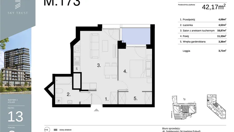Rzut - Mieszkanie na sprzedaż 2 pokoje o powierzchni 42,17 m² - numer M173 w Sky Trust etap II