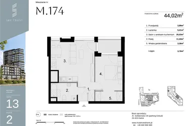 Rzut - Mieszkanie na sprzedaż 2 pokoje o powierzchni 44,02 m² - numer M174 w Sky Trust etap II
