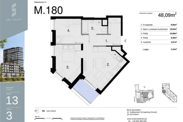 Rzut - Mieszkanie na sprzedaż 3 pokoje o powierzchni 48,09 m² - numer M180 w Sky Trust etap II