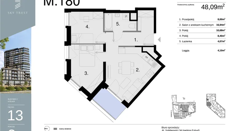 Rzut - Mieszkanie na sprzedaż 3 pokoje o powierzchni 48,09 m² - numer M180 w Sky Trust etap II