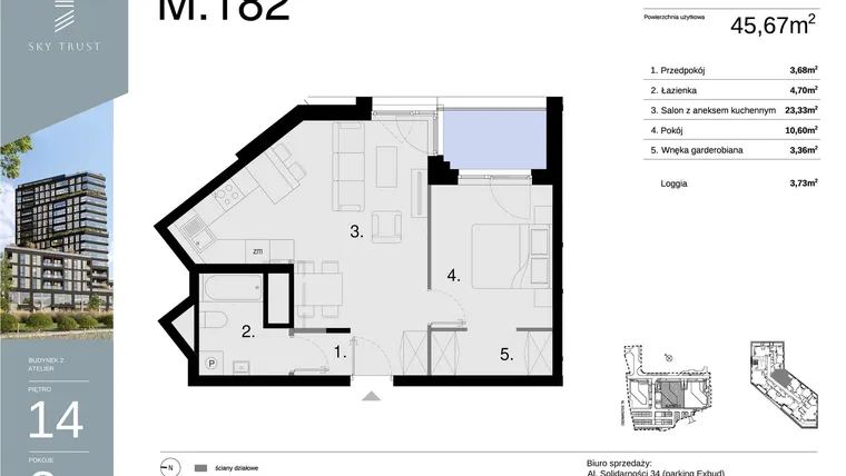Rzut - Mieszkanie na sprzedaż 2 pokoje o powierzchni 45,67 m² - numer M182 w Sky Trust etap II