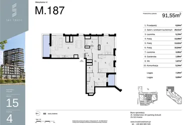 Rzut - Mieszkanie na sprzedaż 4 pokoje o powierzchni 91,55 m² - numer M187 w Sky Trust etap II
