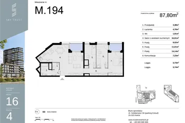 Rzut - Mieszkanie na sprzedaż 4 pokoje o powierzchni 87,8 m² - numer M194 w Sky Trust etap II
