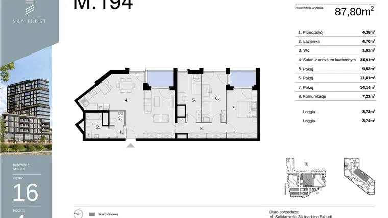 Rzut - Mieszkanie na sprzedaż 4 pokoje o powierzchni 87,8 m² - numer M194 w Sky Trust etap II