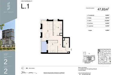 Rzut - Mieszkanie na sprzedaż 2 pokoje o powierzchni 47,81 m² - numer L1 w Sky Trust etap II - apartamenty inwestycyjne 23% VAT PRS
