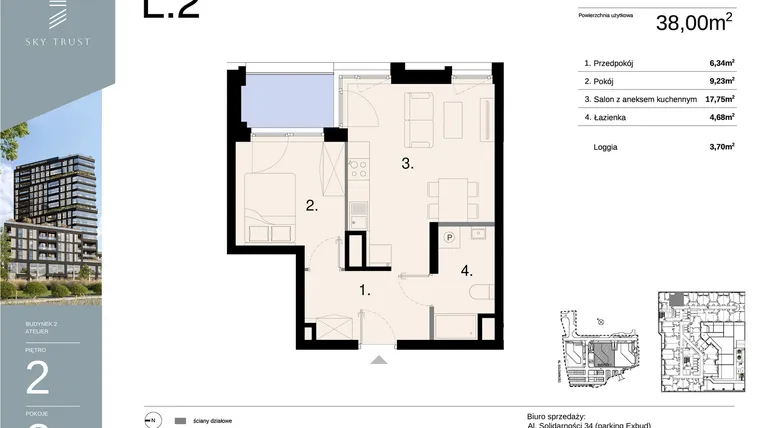 Rzut - Mieszkanie na sprzedaż 2 pokoje o powierzchni 38 m² - numer L2 w Sky Trust etap II - apartamenty inwestycyjne 23% VAT PRS