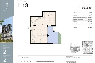 Rzut - Mieszkanie na sprzedaż 3 pokoje o powierzchni 59,35 m² - numer L13 w Sky Trust etap II - apartamenty inwestycyjne 23% VAT PRS