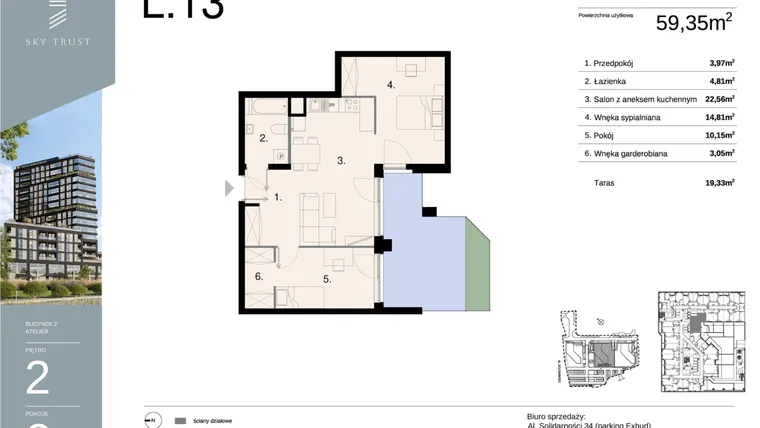Rzut - Mieszkanie na sprzedaż 3 pokoje o powierzchni 59,35 m² - numer L13 w Sky Trust etap II - apartamenty inwestycyjne 23% VAT PRS