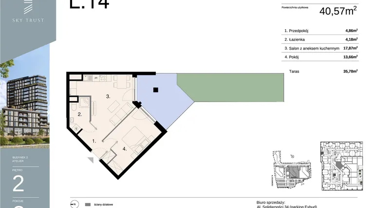 Rzut - Mieszkanie na sprzedaż 2 pokoje o powierzchni 40,57 m² - numer L14 w Sky Trust etap II - apartamenty inwestycyjne 23% VAT PRS