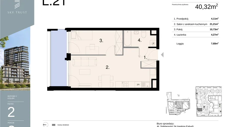 Rzut - Mieszkanie na sprzedaż 2 pokoje o powierzchni 40,32 m² - numer L21 w Sky Trust etap II - apartamenty inwestycyjne 23% VAT PRS