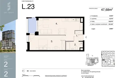 Rzut - Mieszkanie na sprzedaż 2 pokoje o powierzchni 47,68 m² - numer L23 w Sky Trust etap II - apartamenty inwestycyjne 23% VAT PRS