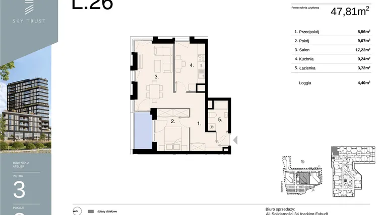 Rzut - Mieszkanie na sprzedaż 2 pokoje o powierzchni 47,81 m² - numer L26 w Sky Trust etap II - apartamenty inwestycyjne 23% VAT PRS