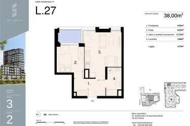 Rzut - Mieszkanie na sprzedaż 2 pokoje o powierzchni 38 m² - numer L27 w Sky Trust etap II - apartamenty inwestycyjne 23% VAT PRS