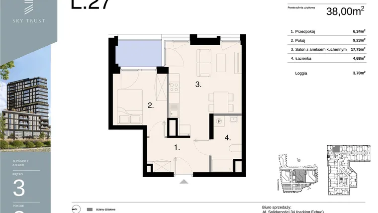 Rzut - Mieszkanie na sprzedaż 2 pokoje o powierzchni 38 m² - numer L27 w Sky Trust etap II - apartamenty inwestycyjne 23% VAT PRS