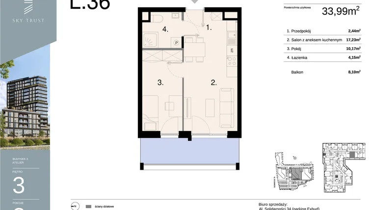 Rzut - Mieszkanie na sprzedaż 2 pokoje o powierzchni 33,99 m² - numer L36 w Sky Trust etap II - apartamenty inwestycyjne 23% VAT PRS