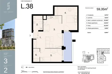 Rzut - Mieszkanie na sprzedaż 3 pokoje o powierzchni 59,35 m² - numer L38 w Sky Trust etap II - apartamenty inwestycyjne 23% VAT PRS