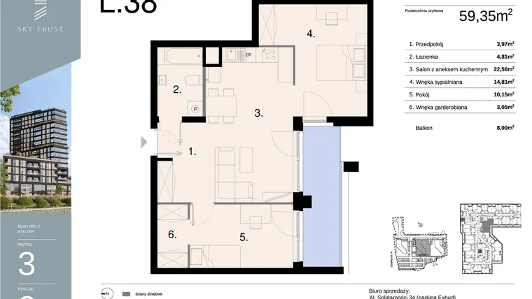 Rzut - Mieszkanie na sprzedaż 3 pokoje o powierzchni 59,35 m² - numer L38 w Sky Trust etap II - apartamenty inwestycyjne 23% VAT PRS
