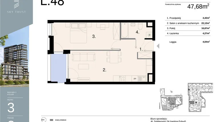Rzut - Mieszkanie na sprzedaż 2 pokoje o powierzchni 47,68 m² - numer L48 w Sky Trust etap II - apartamenty inwestycyjne 23% VAT PRS