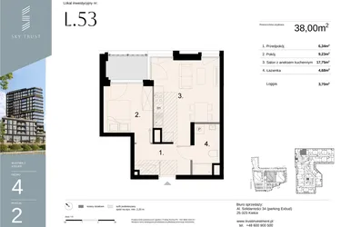 Rzut - Mieszkanie na sprzedaż 2 pokoje o powierzchni 38 m² - numer L53 w Sky Trust etap II - apartamenty inwestycyjne 23% VAT PRS