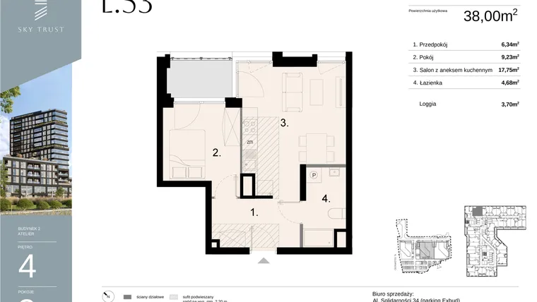 Rzut - Mieszkanie na sprzedaż 2 pokoje o powierzchni 38 m² - numer L53 w Sky Trust etap II - apartamenty inwestycyjne 23% VAT PRS