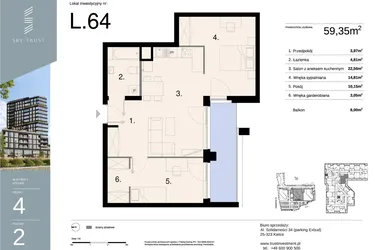 Rzut - Mieszkanie na sprzedaż 3 pokoje o powierzchni 59,35 m² - numer L64 w Sky Trust etap II - apartamenty inwestycyjne 23% VAT PRS