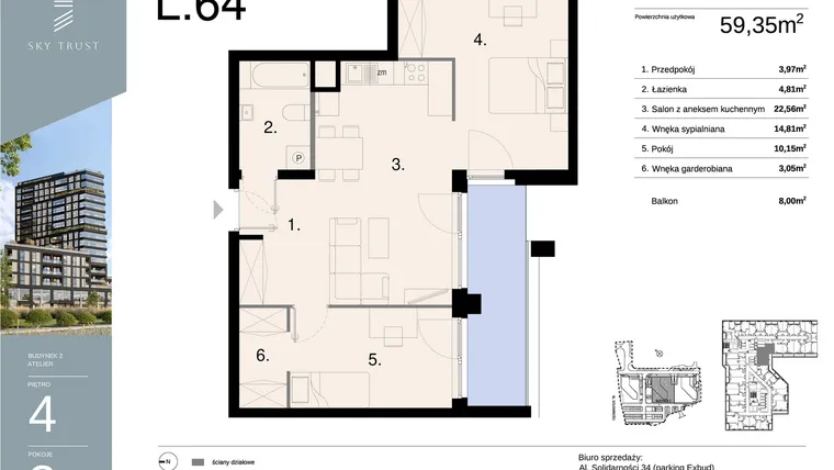 Rzut - Mieszkanie na sprzedaż 3 pokoje o powierzchni 59,35 m² - numer L64 w Sky Trust etap II - apartamenty inwestycyjne 23% VAT PRS
