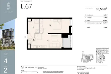 Rzut - Mieszkanie na sprzedaż 2 pokoje o powierzchni 36,56 m² - numer L67 w Sky Trust etap II - apartamenty inwestycyjne 23% VAT PRS
