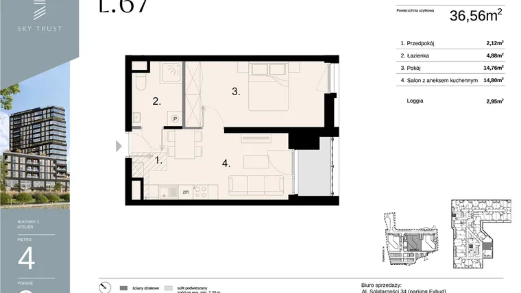 Rzut - Mieszkanie na sprzedaż 2 pokoje o powierzchni 36,56 m² - numer L67 w Sky Trust etap II - apartamenty inwestycyjne 23% VAT PRS