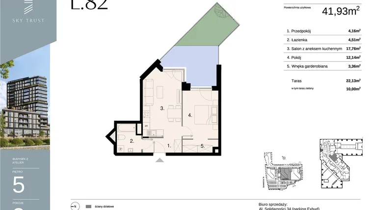 Rzut - Mieszkanie na sprzedaż 2 pokoje o powierzchni 41,93 m² - numer L82 w Sky Trust etap II - apartamenty inwestycyjne 23% VAT PRS