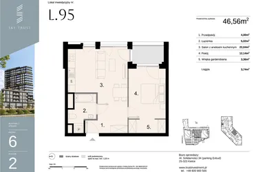 Rzut - Mieszkanie na sprzedaż 2 pokoje o powierzchni 46,56 m² - numer L95 w Sky Trust etap II - apartamenty inwestycyjne 23% VAT PRS