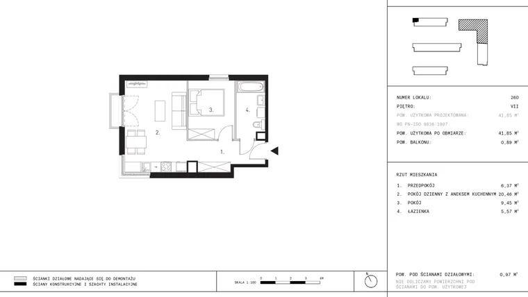 Rzut - Mieszkanie na sprzedaż 2 pokoje o powierzchni 41,85 m² - numer A1.7 w Wynalazek 3A