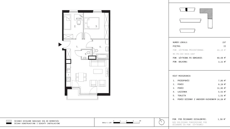 Rzut - Mieszkanie na sprzedaż 3 pokoje o powierzchni 60,08 m² - numer A4.2 w Wynalazek 3A