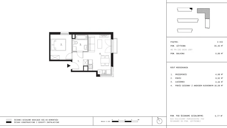 Rzut - Mieszkanie na sprzedaż 2 pokoje o powierzchni 35,26 m² - numer A9.6 w Wynalazek 3A