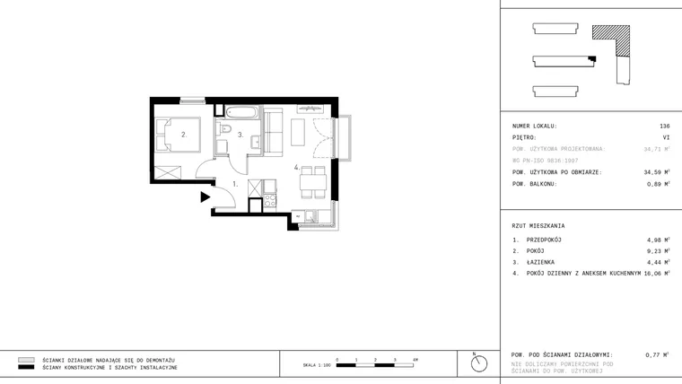 Rzut - Mieszkanie na sprzedaż 2 pokoje o powierzchni 34,59 m² - numer B12.6 w Wynalazek 3A