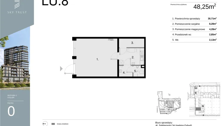 Rzut - Lokal użytkowy na sprzedaż 1 pokój o powierzchni 48,25 m² - numer LU8 w Sky Trust etap II