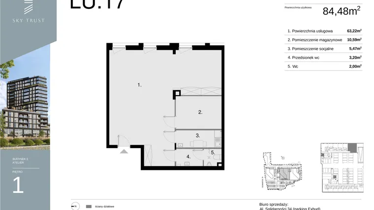 Rzut - Lokal użytkowy na sprzedaż 1 pokój o powierzchni 84,48 m² - numer LU17 w Sky Trust etap II