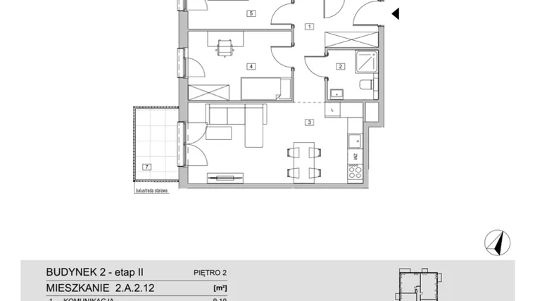 Rzut - Mieszkanie na sprzedaż 3 pokoje o powierzchni 64,06 m² - numer 2.A.2.12 w ATAL Apollina II