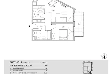 Rzut - Mieszkanie na sprzedaż 2 pokoje o powierzchni 53,67 m² - numer 2.A.2.14 w ATAL Apollina II