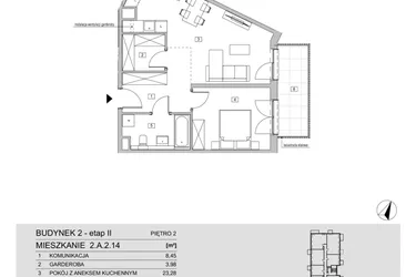 Rzut - Mieszkanie na sprzedaż 2 pokoje o powierzchni 53,74 m² - numer 2.A.2.14 w ATAL Apollina II