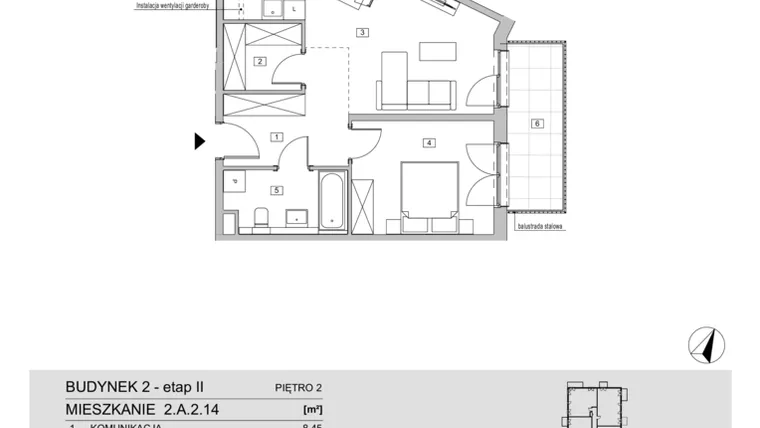 Rzut - Mieszkanie na sprzedaż 2 pokoje o powierzchni 53,74 m² - numer 2.A.2.14 w ATAL Apollina II