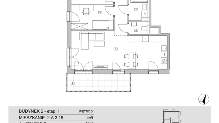 Rzut - Mieszkanie na sprzedaż 3 pokoje o powierzchni 73,37 m² - numer 2.A.3.16 w ATAL Apollina II