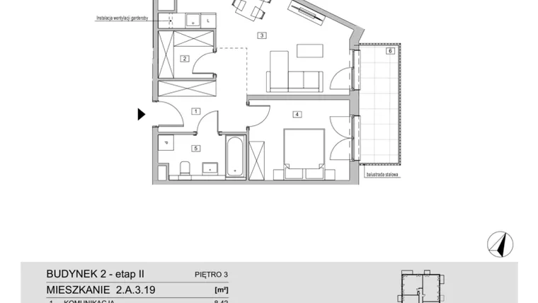 Rzut - Mieszkanie na sprzedaż 2 pokoje o powierzchni 53,64 m² - numer 2.A.3.19 w ATAL Apollina II