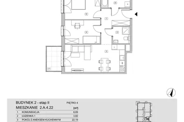 Rzut - Mieszkanie na sprzedaż 3 pokoje o powierzchni 64,05 m² - numer 2.A.4.22 w ATAL Apollina II