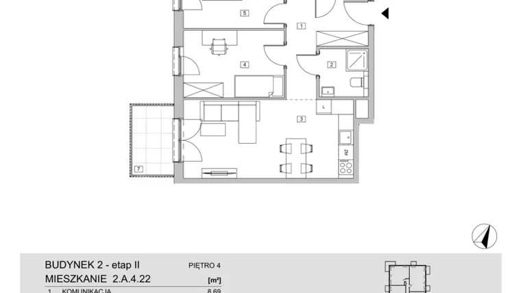 Rzut - Mieszkanie na sprzedaż 3 pokoje o powierzchni 64,05 m² - numer 2.A.4.22 w ATAL Apollina II