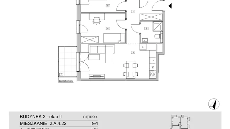 Rzut - Mieszkanie na sprzedaż 3 pokoje o powierzchni 64,18 m² - numer 2.A.4.22 w ATAL Apollina II