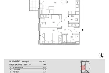 Rzut - Mieszkanie na sprzedaż 3 pokoje o powierzchni 65,6 m² - numer 2.B.1.14 w ATAL Apollina II